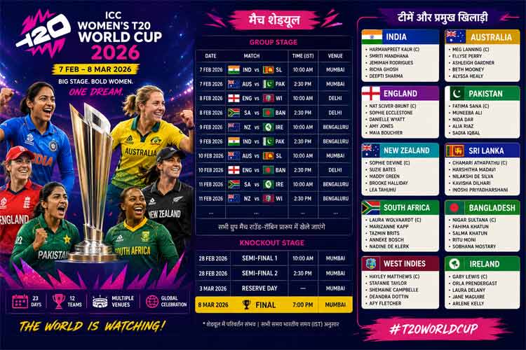 ICC Women’s T20 World Cup 2026 – क्रिकेट शेड्यूल और टीम प्लेयर लिस्ट